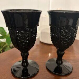 Tiara Indiana Glass Black Paneled Daisy Monarch Glasses - set of 2